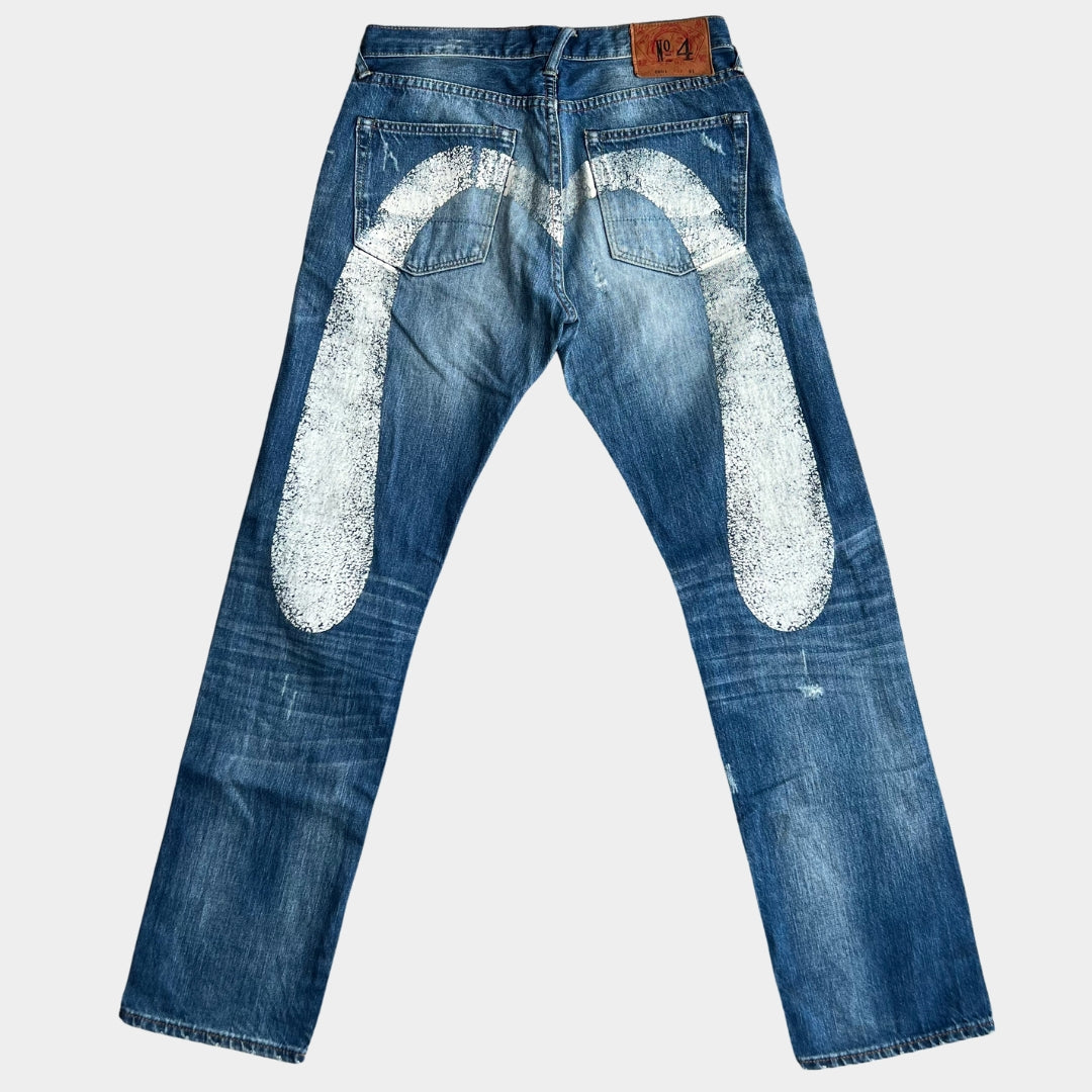 Evisu White Diacock Hand Painted Distressed Denim Jeans (30x32)