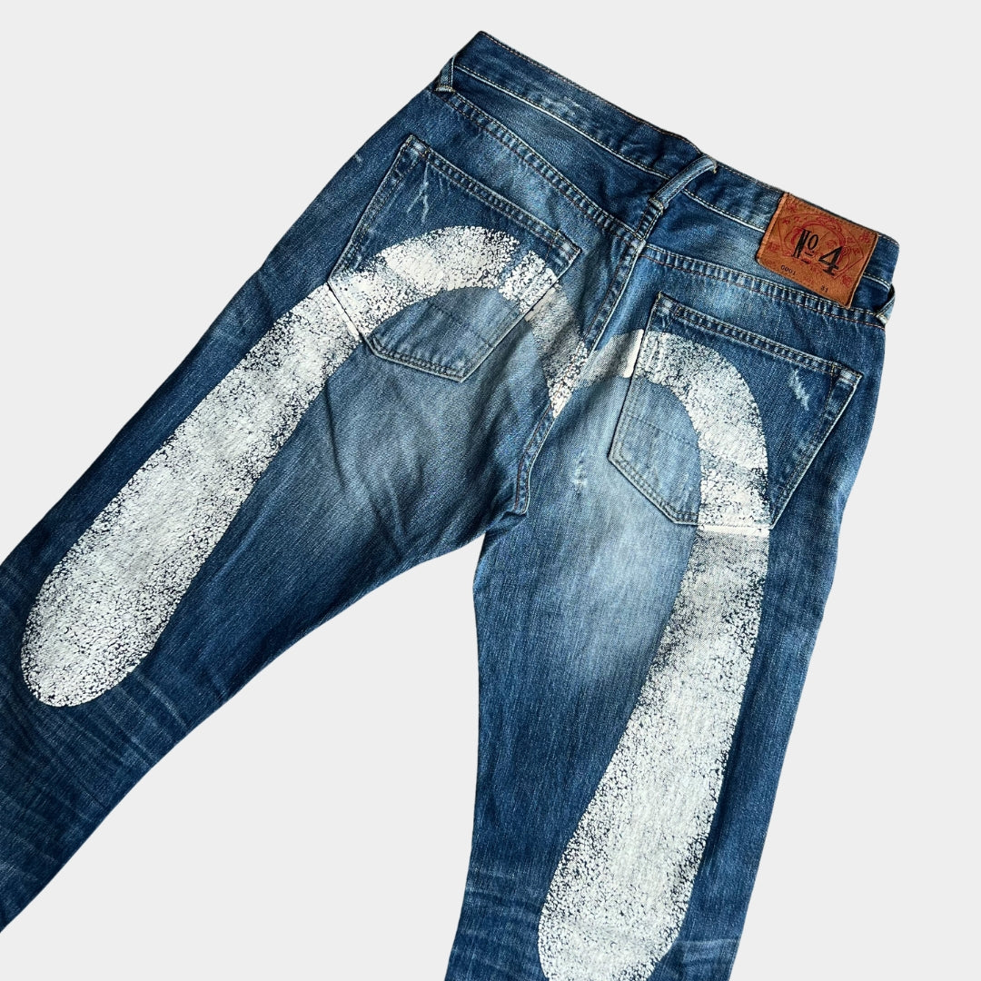 Evisu White Diacock Hand Painted Distressed Denim Jeans (30x32)