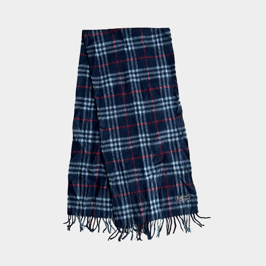 Burberry Navy Plaid Lambswool Scarf