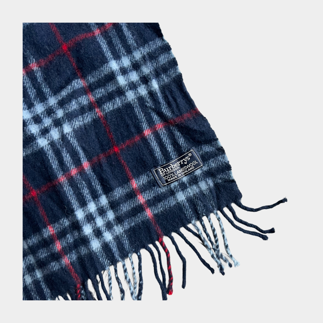 Burberry Navy Plaid Lambswool Scarf