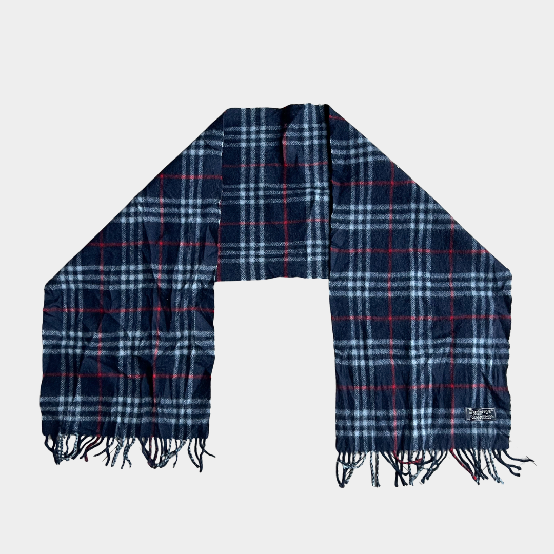 Burberry Navy Plaid Lambswool Scarf