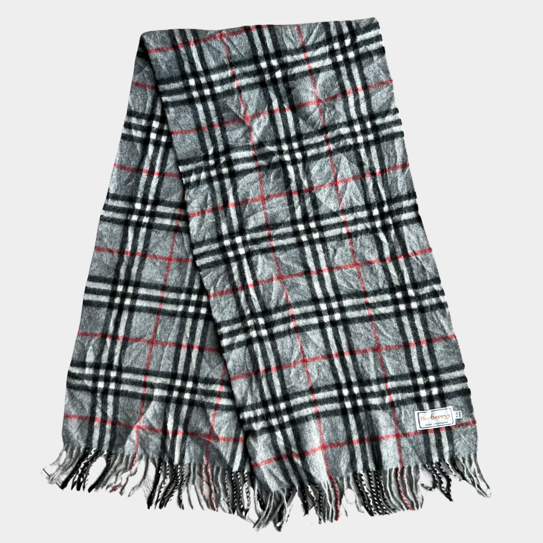 Burberry 100% Cashmere Plaid Vintage Scarf - Grey / Red